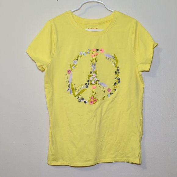 3 for $10 Bundle Sale! Cat & Jack Yellow Floral Peace Sign T-Shirt Size L 10-12 - Picture 1 of 4